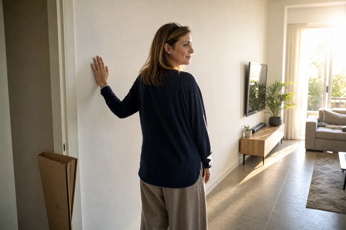 בעלת דירה בודקת קיר שתוקן במלואו בתום תקופת הבדק