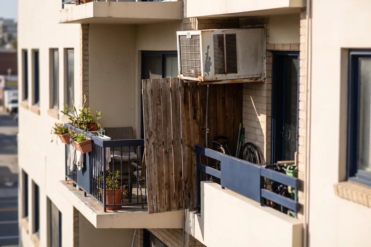 מרפסות סמוכות בבית משותף עם מחיצת עץ ומזגן שהותקן מעל שטח השכן, המחשה לסכסוך על הרכוש המשותף